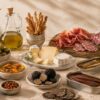 Mesa gourmet mediterránea AGÁPICO con aceite de oliva virgen extra, conservas, quesos, charcutería, crackers, especias y trufa