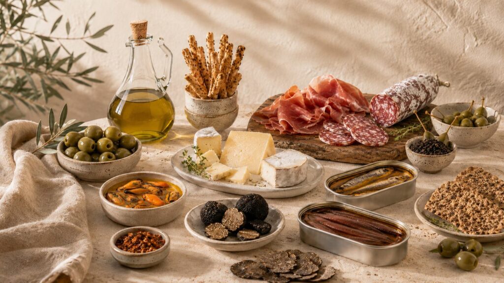 Mesa gourmet mediterránea AGÁPICO con aceite de oliva virgen extra, conservas, quesos, charcutería, crackers, especias y trufa