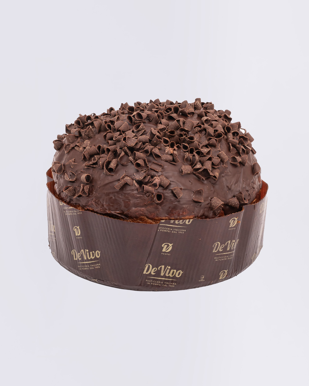 Panettone Chocolate Pasticceria De Vivo 1kg – Entero Panettone de Chocolate Pasticceria De Vivo 1kg entero, con cobertura de chocolate y virutas en la superficie, fotografía profesional en fondo blanco.