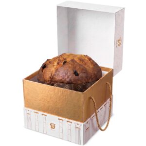 Panettone Tradicional De Vivo 1 kg con corteza dorada y pasas, presentado en estuche de regalo dorado abierto