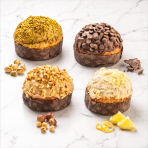 Caja Viaggio dei Sensi De Vivo con 4 panettoncini de pistacho, chocolate y ron, avellana y limón