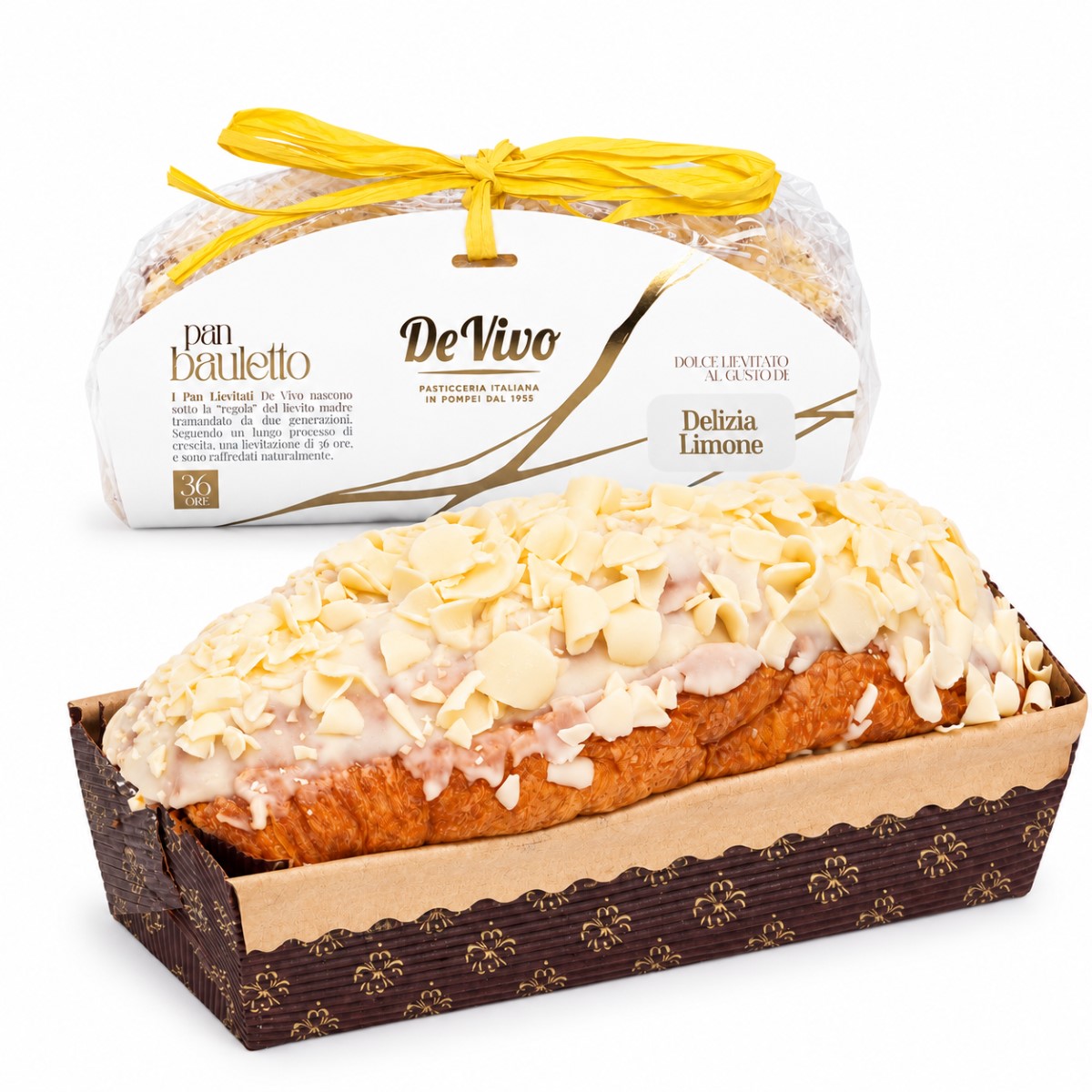 PanBauletto Delicia de Limón De Vivo · 400 g · Producto con Envase PanBauletto Delicia de Limón De Vivo 400 g con cobertura blanca y virutas junto a su envase