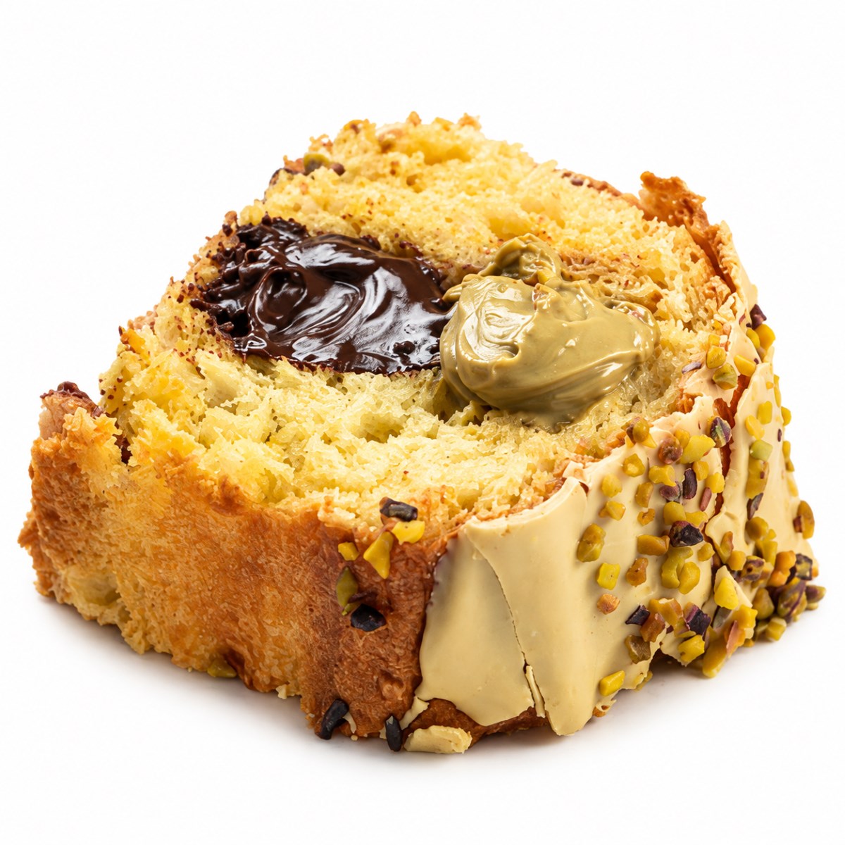 PanBauletto de Pistacho De Vivo · 400 g · Corte Interior PanBauletto de Pistacho De Vivo 400 g cortado con relleno cremoso de pistacho y chocolate