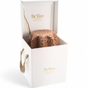 Pandoro Gianduja De Vivo en caja premium, pan dulce italiano cubierto de chocolate