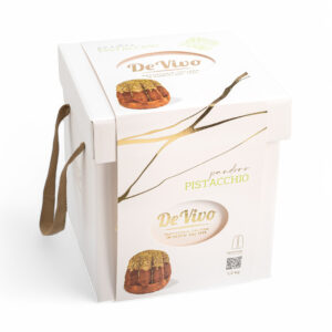 Pandoro de Pistacchio Pasticceria De Vivo 1,2kg en su caja premium blanca, con asas y diseño elegante, fotografía profesional en fondo blanco.