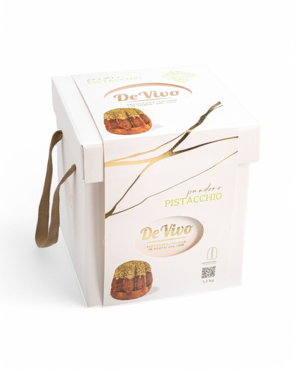 Pandoro de Pistacho Pasticceria De Vivo 1,2kg en su caja premium blanca, con asas y diseño elegante, fotografía profesional en fondo blanco.