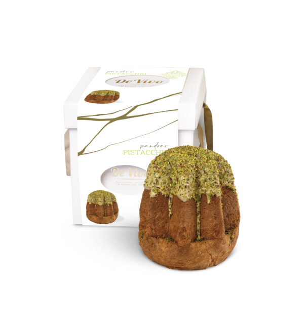 Pandoro de pistacho De Vivo 1,2 kg con glaseado y pistacho troceado sobre estuche
