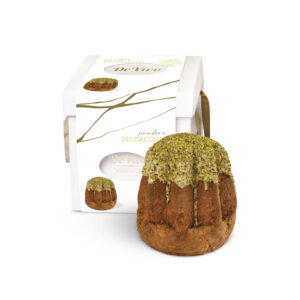 Pandoro de pistacho De Vivo 1,2 kg con glaseado y pistacho troceado sobre estuche