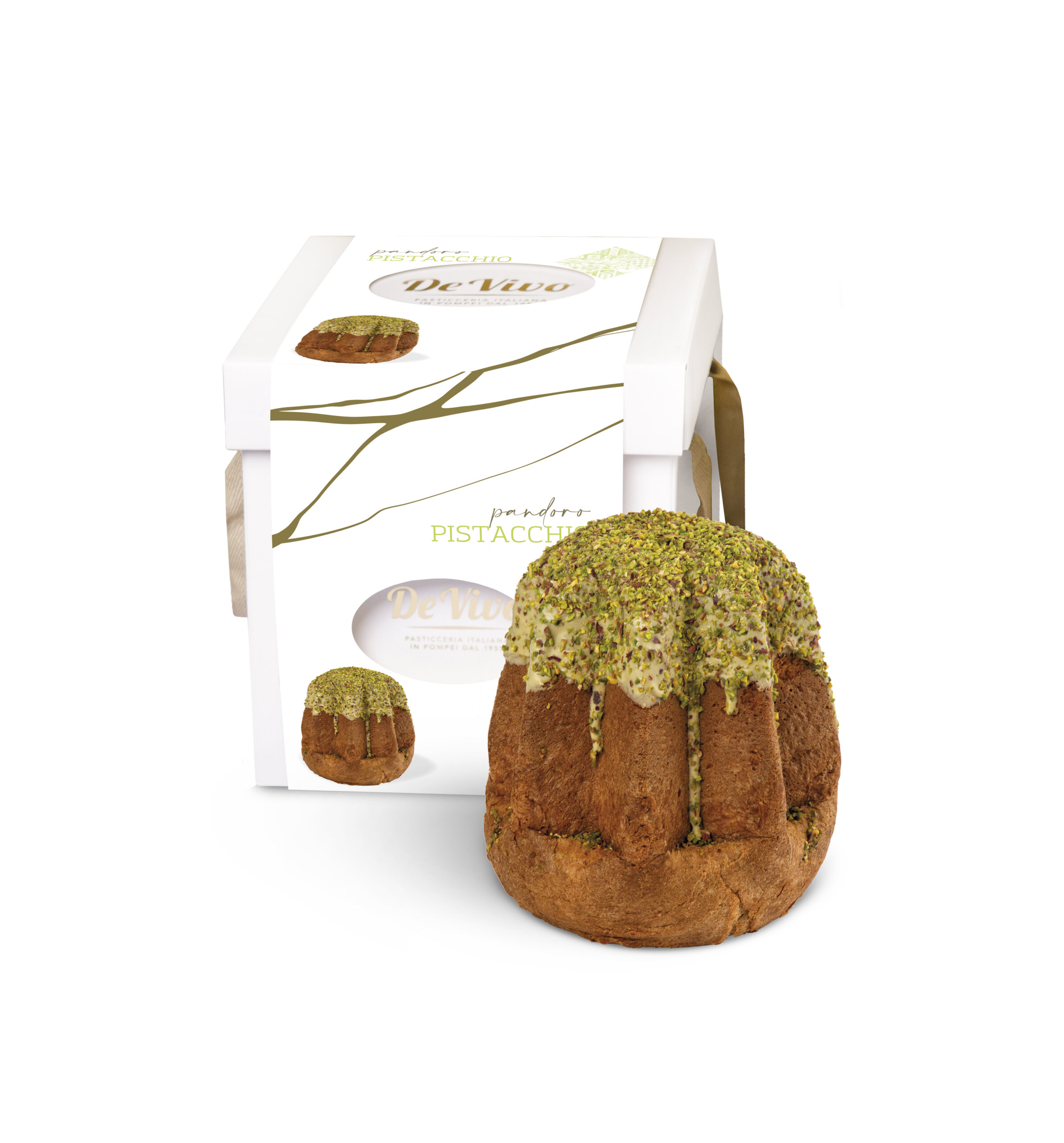 Pandoro Pistacho De Vivo 1,2 kg – Edición Artesanal Premium Pandoro de pistacho De Vivo 1,2 kg con glaseado y pistacho troceado sobre estuche