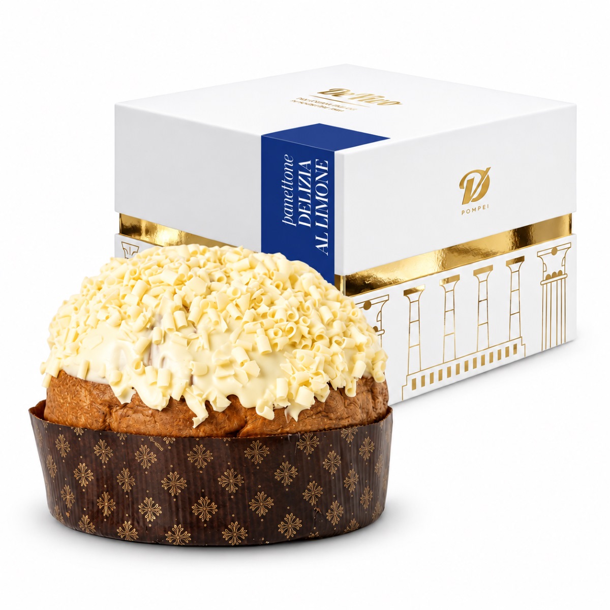 Panettone Delicia de Limón De Vivo · 1 kg · Producto con Caja Panettone Delicia de Limón De Vivo 1 kg con cobertura blanca y virutas de chocolate blanco junto a caja regalo