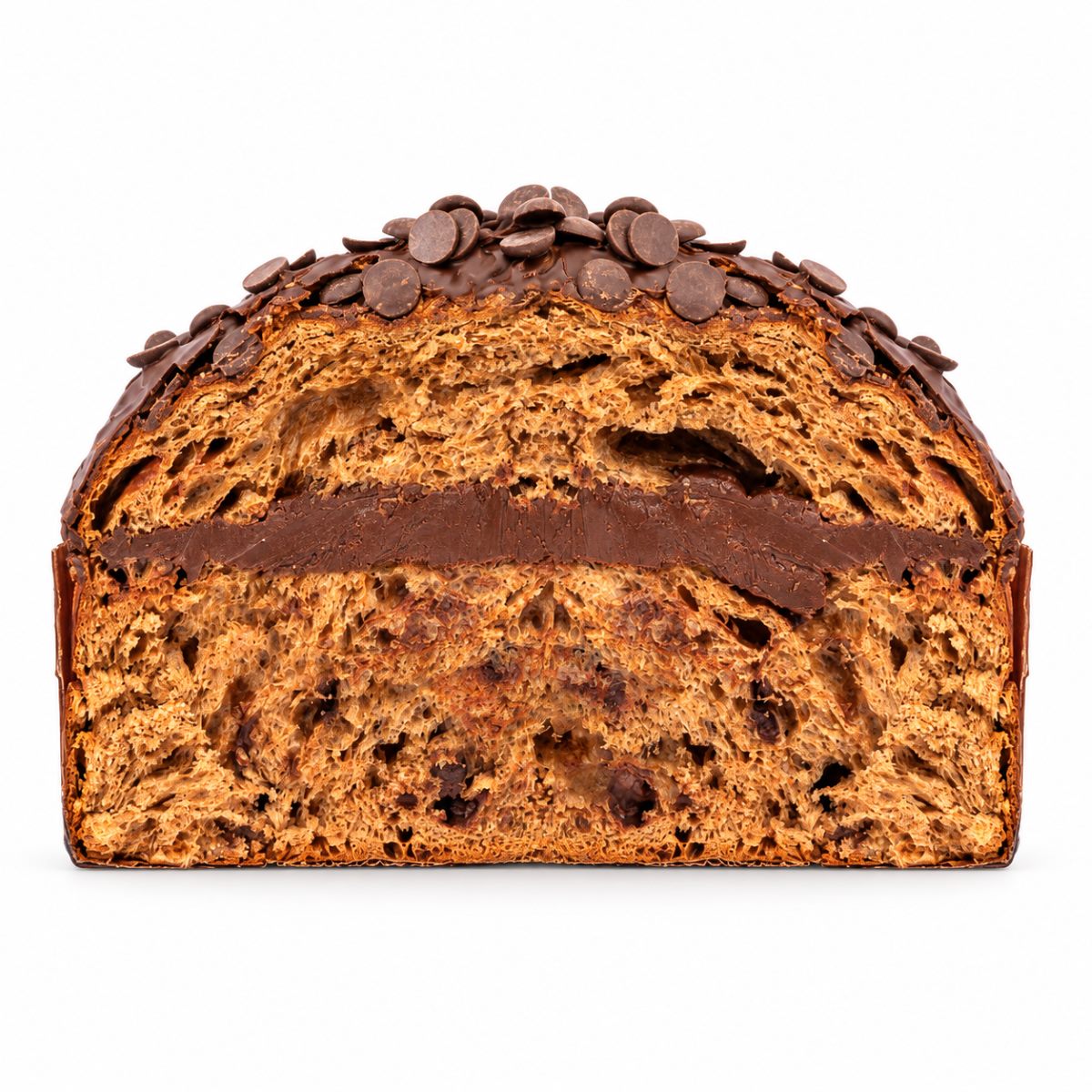 Panettone de Chocolate Negro y Ron De Vivo · 1 kg · Corte Interior Panettone de Chocolate Negro y Ron De Vivo 1 kg cortado con relleno cremoso de chocolate