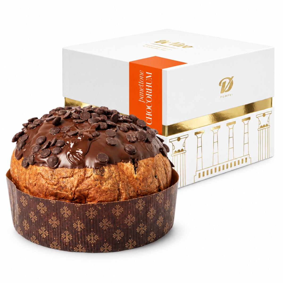 Panettone de Chocolate Negro y Ron De Vivo · 1 kg · Producto con Caja Panettone de Chocolate Negro y Ron De Vivo 1 kg con cobertura de chocolate junto a caja regalo