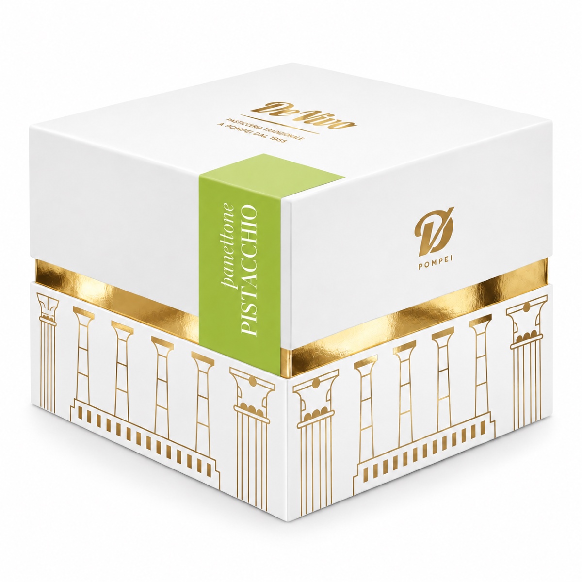 Panettone de Pistacho De Vivo · 1 kg · Caja Regalo Panettone de Pistacho De Vivo 1 kg en caja regalo blanca y dorada