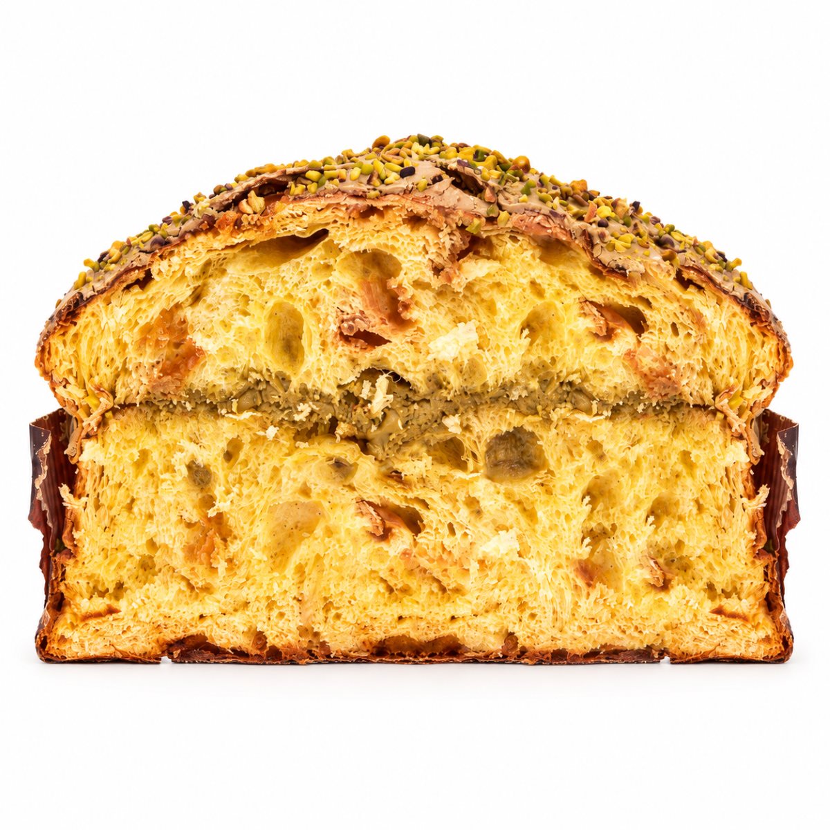 Panettone de Pistacho De Vivo · 1 kg · Corte Interior Panettone de Pistacho De Vivo 1 kg cortado con relleno cremoso de pistacho