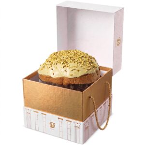 Panettone de Pistacho De Vivo 1 kg con cobertura de pistacho y granillo crujiente, presentado en estuche dorado abierto