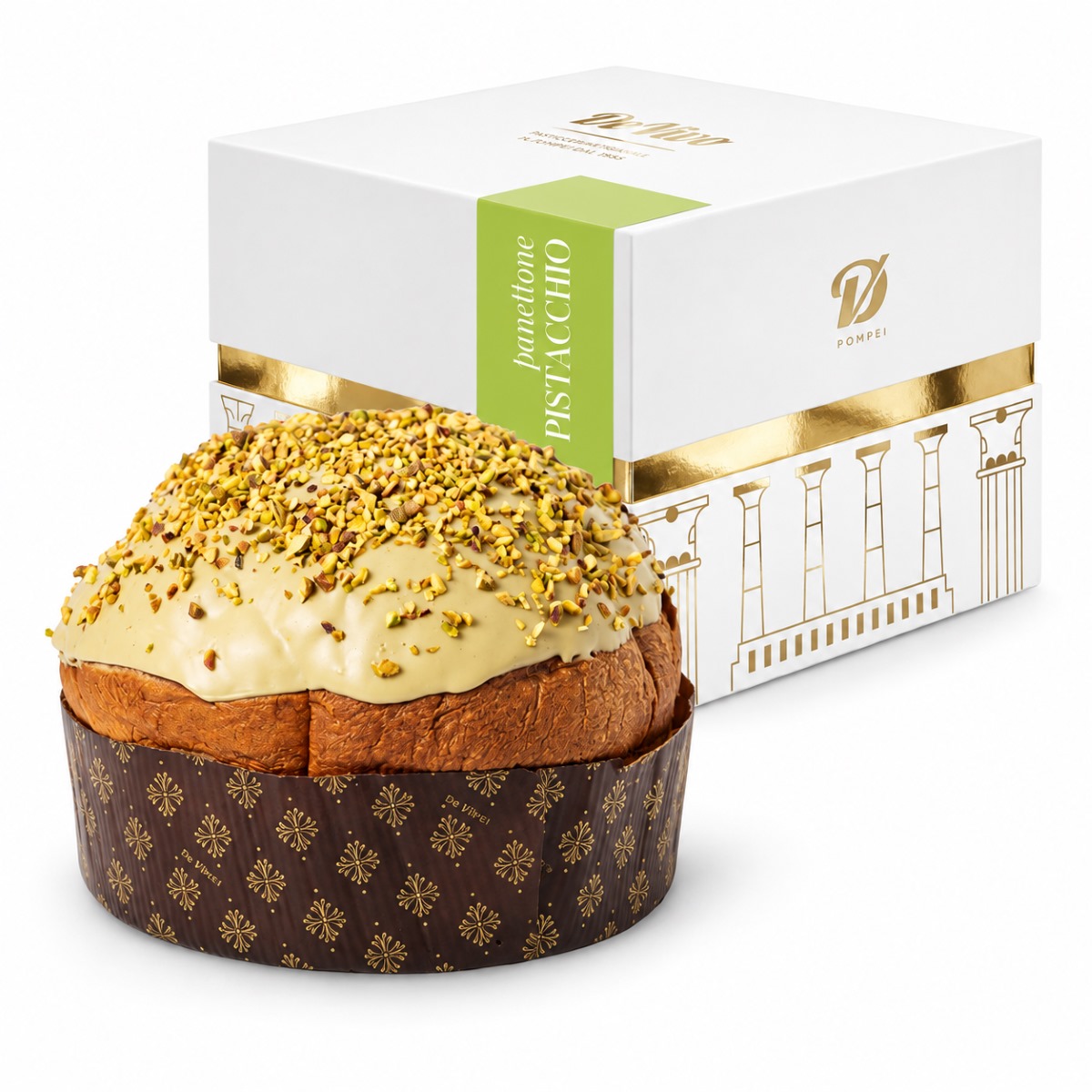 Panettone de Pistacho De Vivo · 1 kg · Producto con Caja Panettone de Pistacho De Vivo 1 kg con cobertura de pistacho y caja regalo