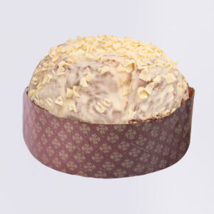 Panettone de Limoncello Pasticceria De Vivo 1,2kg entero, con glaseado claro y virutas de chocolate blanco en la superficie, fotografía profesional en fondo blanco.