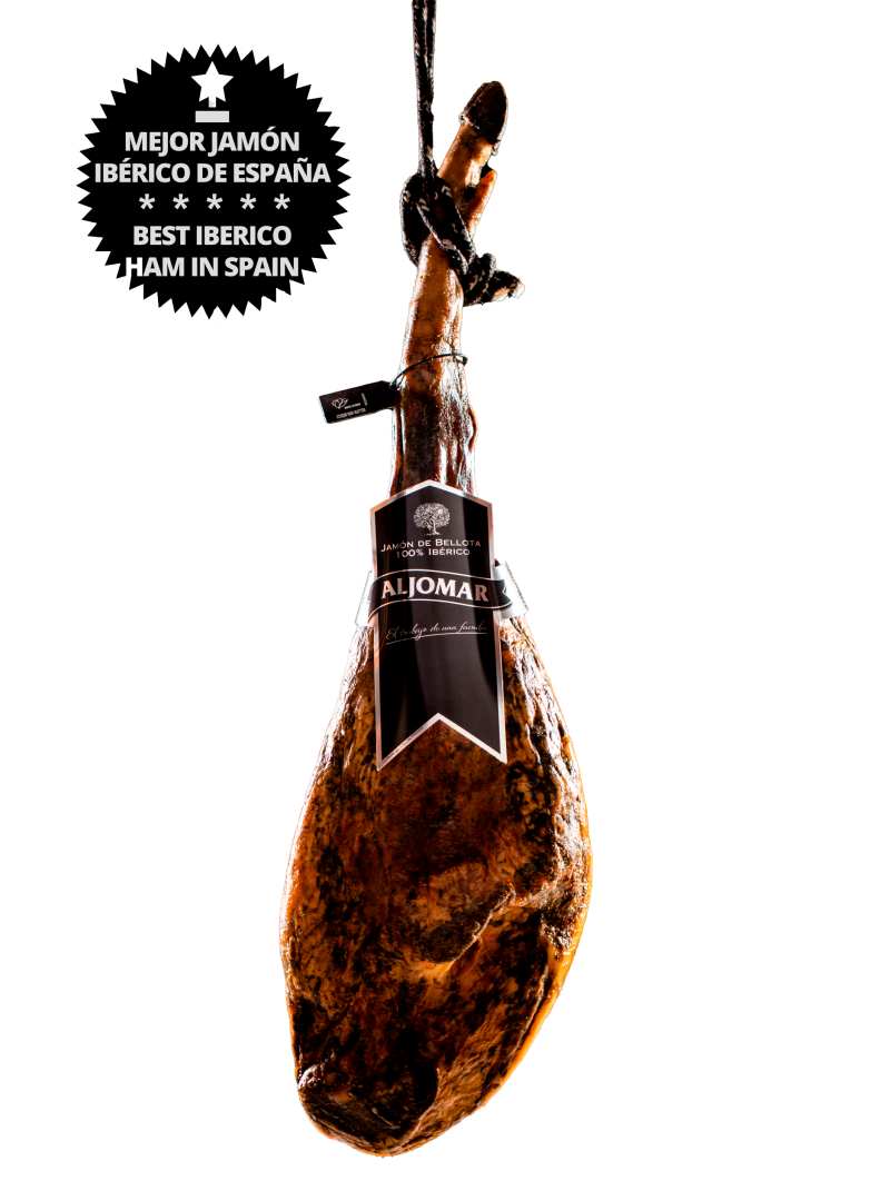 Jamón de Bellota 100% Ibérico Aljomar – Pieza Entera Jamón de bellota 100% ibérico Aljomar pieza entera colgada en secadero