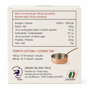 Información nutricional y tiempos de cocción del Arroz Carnaroli Classico Riserva San Massimo 500 g
