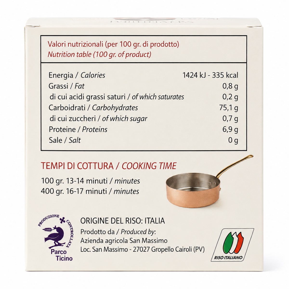 Arroz Carnaroli Classico Riserva San Massimo · 500 g · Información nutricional Información nutricional y tiempos de cocción del Arroz Carnaroli Classico Riserva San Massimo 500 g