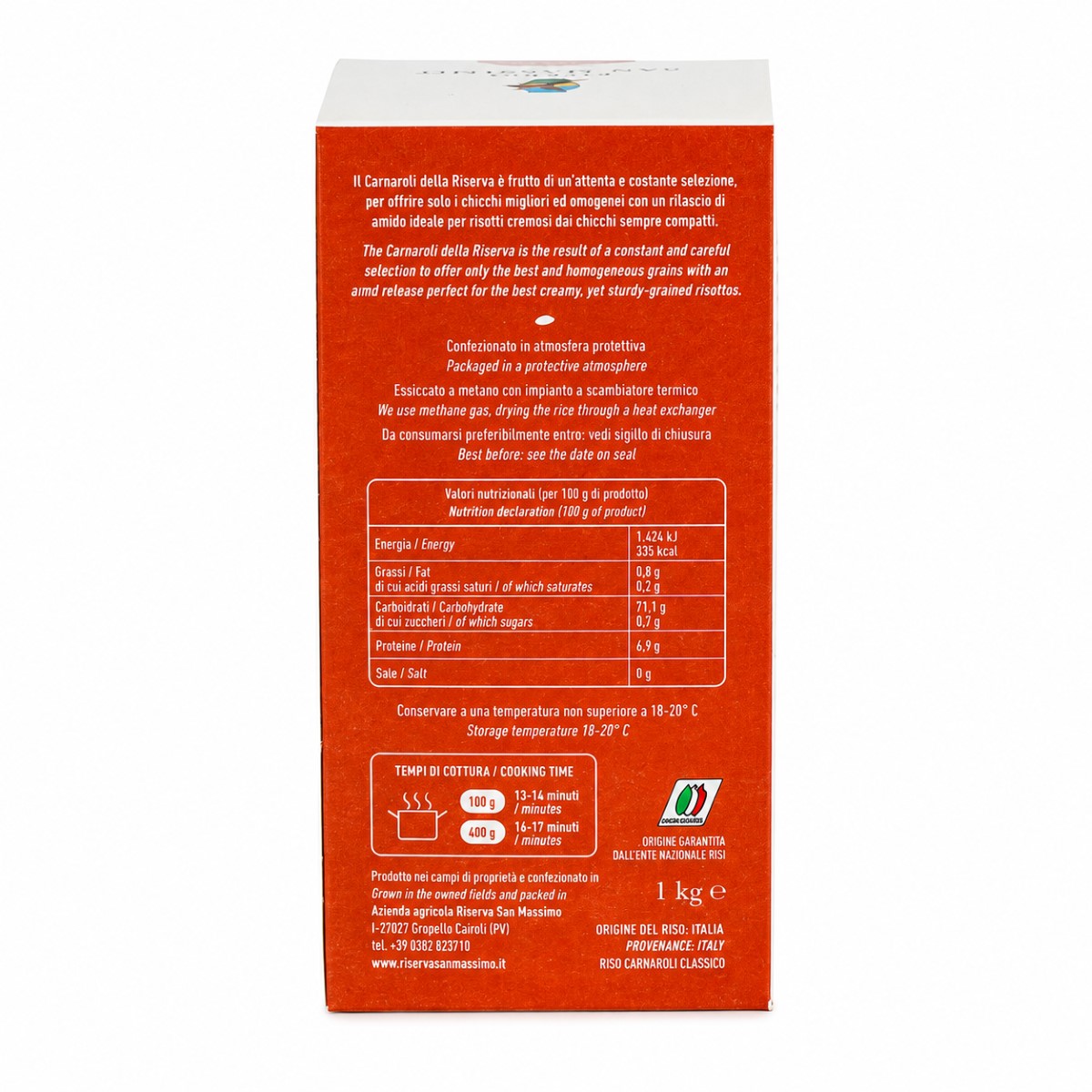 Arroz Carnaroli Classico Riserva San Massimo en Caja · 1 kg · Información nutricional Información nutricional y tiempos de cocción del Arroz Carnaroli Classico Riserva San Massimo en Caja 1 kg