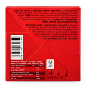 Etiqueta posterior de Cerezas con Grappa y Chocolate Negro 60% Bodrato 200 g con ingredientes e información nutricional