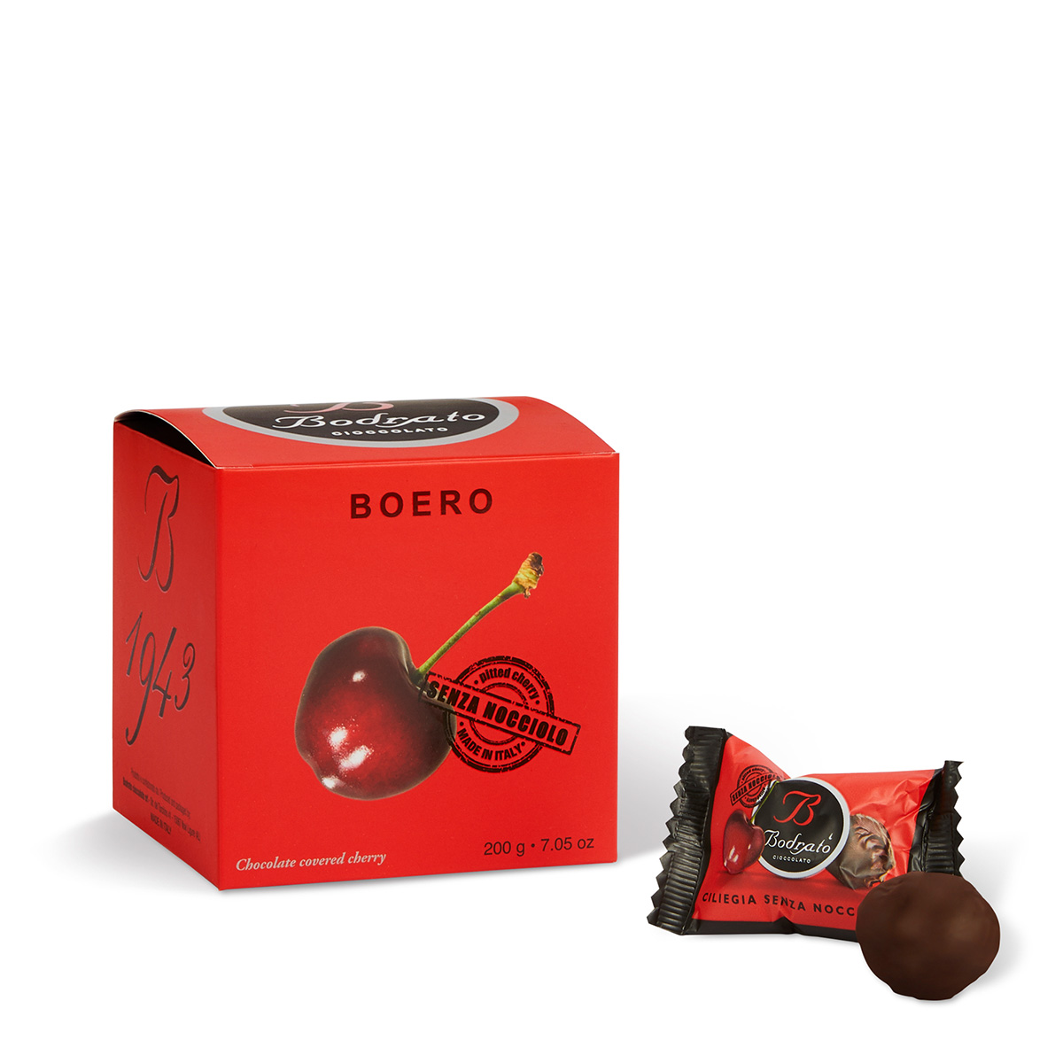Cerezas con Grappa y Chocolate Negro 60 por ciento Bodrato en estuche