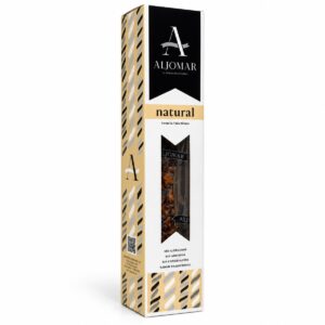 Chorizo ibérico casero natural Aljomar 350 g en estuche visto en perspectiva, con ventana frontal y lateral dorado