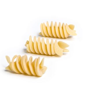 Pasta fusilli oro Verrigni en crudo detalle de la hélice y textura sobre fondo blanco