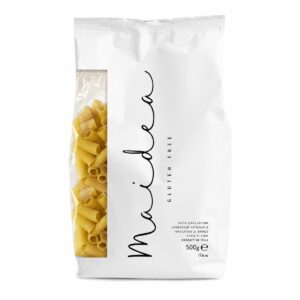 Pasta Tortiglioni sin Gluten Maidea 500 g sobre fondo blanco