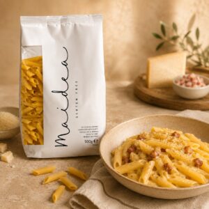 Penne rigate sin gluten Maidea servidos con salsa cremosa tipo carbonara junto a su envase original