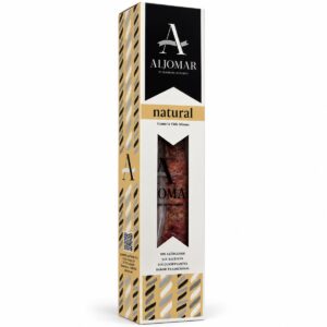 Salchichón ibérico casero natural Aljomar 400 g en estuche visto de lado, con ventana frontal y diseño negro y dorado