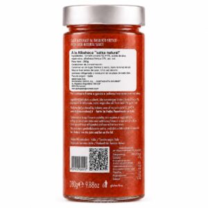Etiqueta posterior de Salsa de Tomate con Albahaca Fresca Italianavera 280 g con ingredientes, conservación e información nutricional