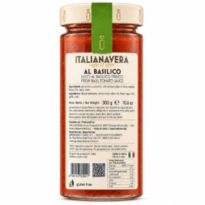 Etiqueta posterior de Salsa de Tomate con Albahaca Fresca Italianavera 300 g con ingredientes e información nutricional