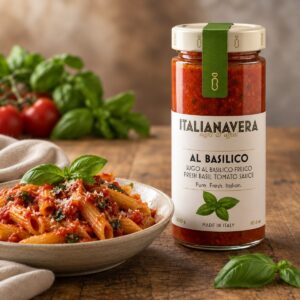 Salsa de Tomate con Albahaca Fresca Italianavera 300 g servida con pasta y albahaca