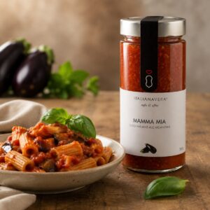 Salsa de tomate con berenjenas Mamma Mia Italianavera servida con pasta rigatoni y albahaca