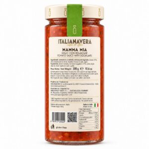 Etiqueta posterior de Salsa de Tomate con Berenjenas Mamma Mia Italianavera 300 g con ingredientes e información nutricional