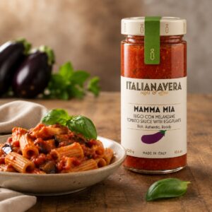 Salsa de Tomate con Berenjenas Mamma Mia Italianavera 300 g servida con pasta y berenjena