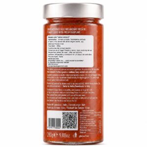 Etiqueta posterior de Salsa de Tomate con Berenjenas Mamma Mia Italianavera 280 g con ingredientes, conservación e información nutricional