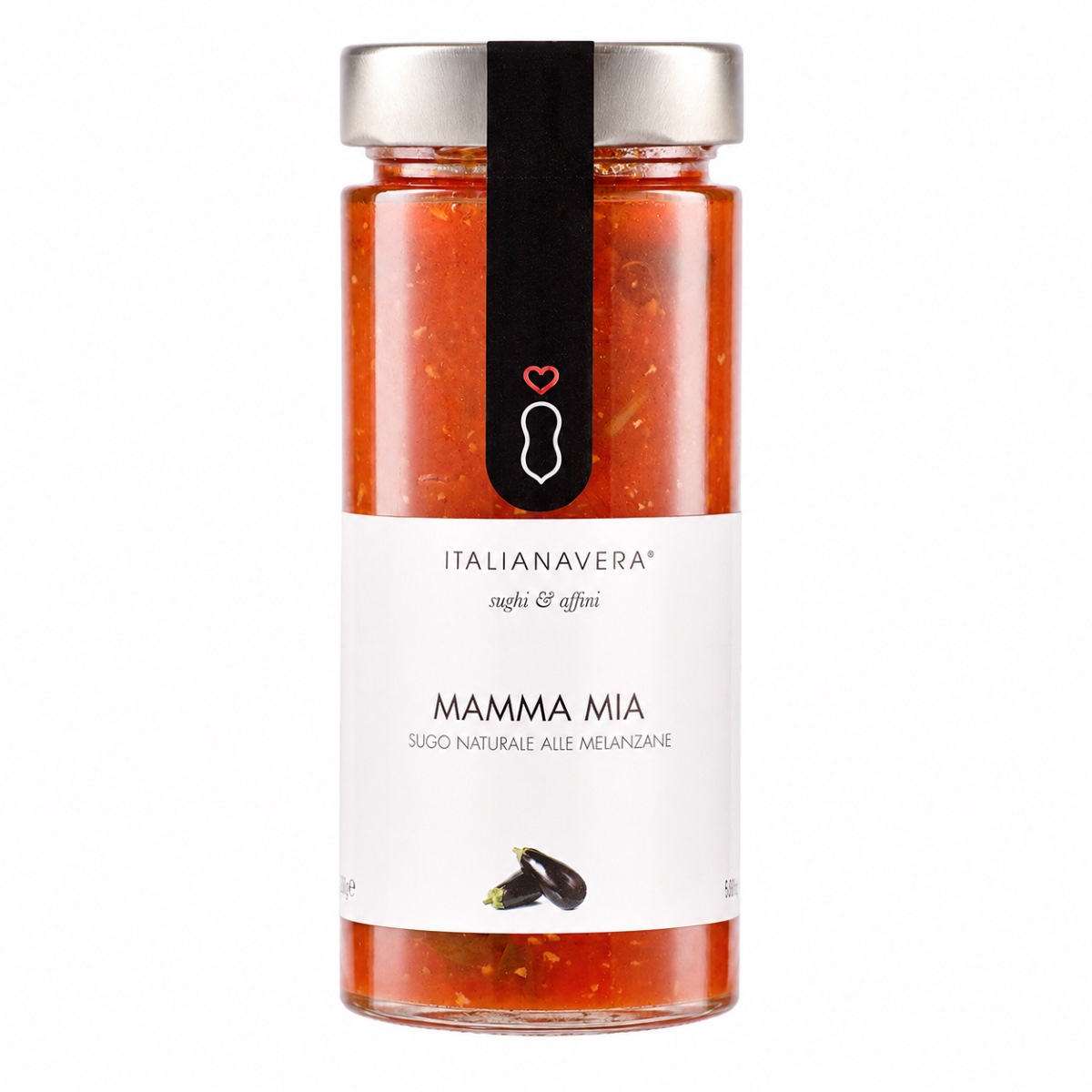 Salsa de Tomate con Berenjenas Mamma Mia Italianavera Salsa de tomate con berenjenas Mamma Mia Italianavera en tarro sobre fondo blanco
