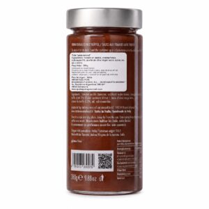 Etiqueta posterior de Salsa de Tomate con Trufa Negra Italianavera 280 g con ingredientes, conservación e información nutricional