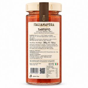Etiqueta posterior de Salsa de Tomate con Trufa Negra Italianavera 300 g con ingredientes e información nutricional