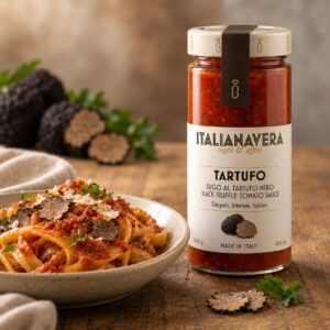 Salsa de Tomate con Trufa Negra Italianavera 300 g servida con pasta y trufa negra