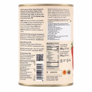 Etiqueta posterior de Tomate San Marzano DOP Italianavera 400 g con ingredientes, origen e información nutricional