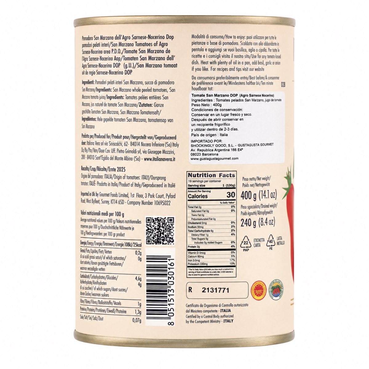 Tomate San Marzano DOP Italianavera · 400 g · Etiqueta Etiqueta posterior de Tomate San Marzano DOP Italianavera 400 g con ingredientes, origen e información nutricional