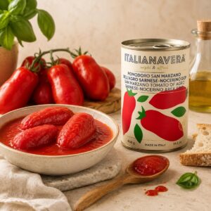 Tomate entero pelado San Marzano DOP Italianavera con tomate, albahaca, aceite de oliva y pan