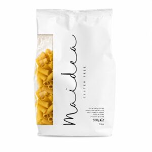 Tortiglioni sin gluten Maidea 500 g en envase sobre fondo blanco
