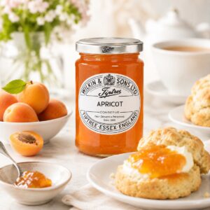 Mermelada de albaricoque Tiptree Wilkin & Sons con scones, té y albaricoques frescos