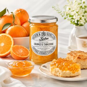 Mermelada de naranja y mandarina Tiptree Wilkin & Sons con scones, té y naranjas frescas