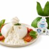 Burrata de Puglia IGP servida con tomate cherry, albahaca y aceite de oliva junto a su envoltorio original